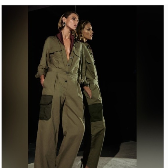 Zara Pants - Zara Limited Edition Patchwork Jumpsuit Olive Green Linen Cotton Utility L
